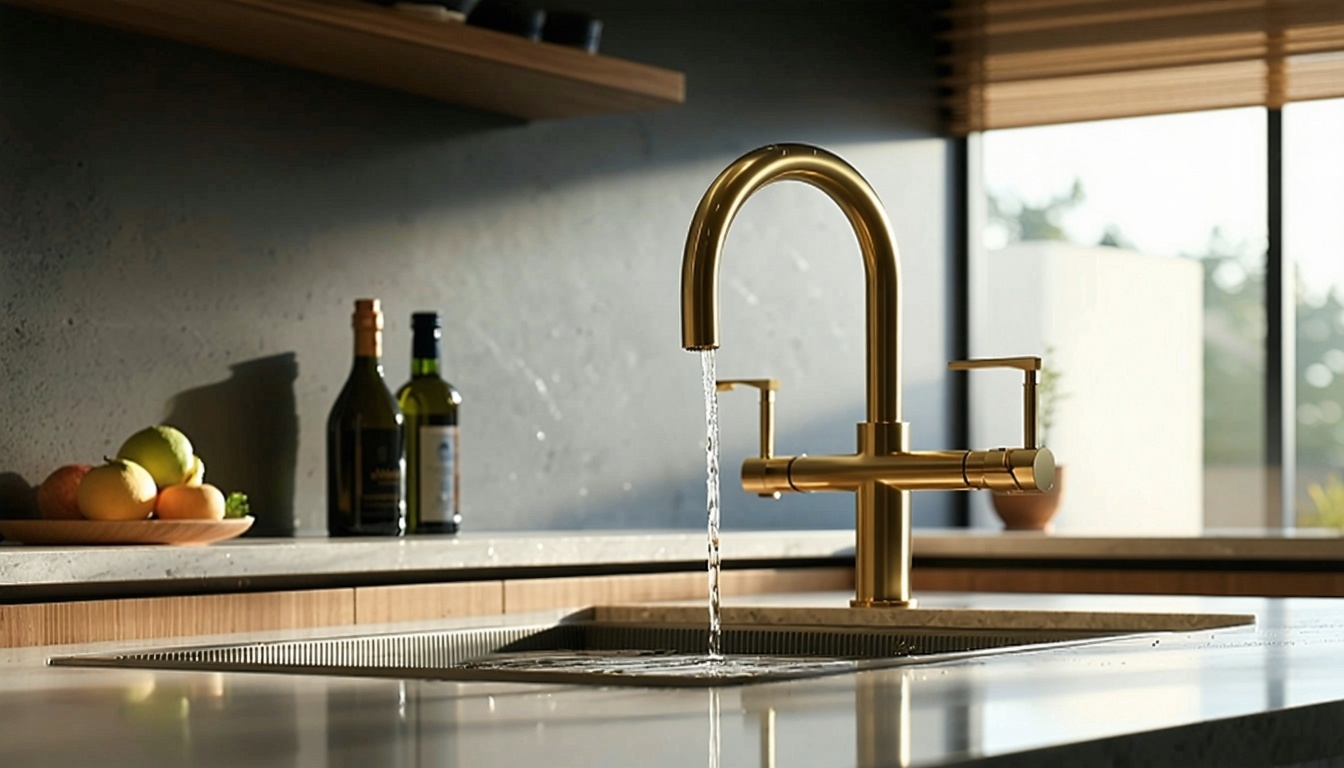 A modern kitchen with a sleek, lead-free brass fau