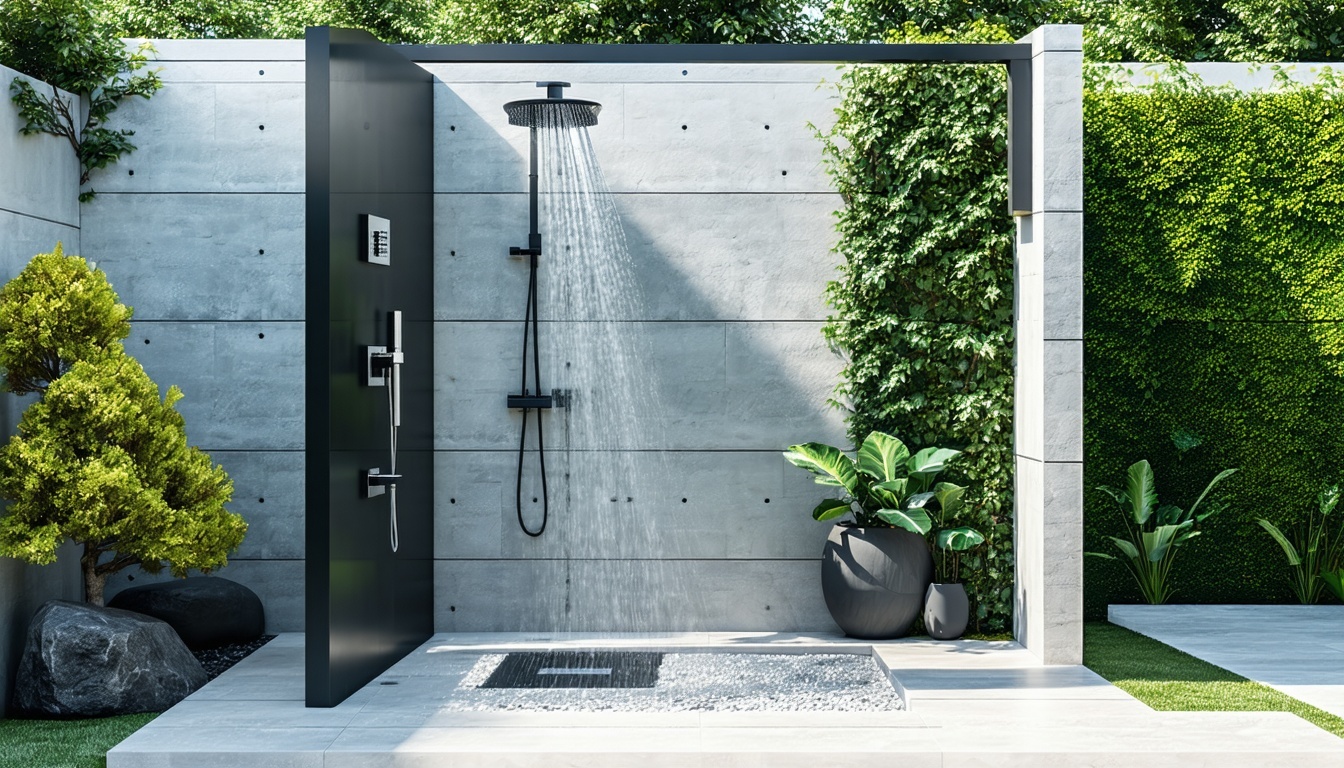 A modern outdoor shower setup in a stylish backyar