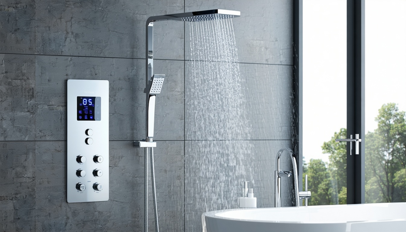 A sleek, modern bathroom featuring a thermostatic